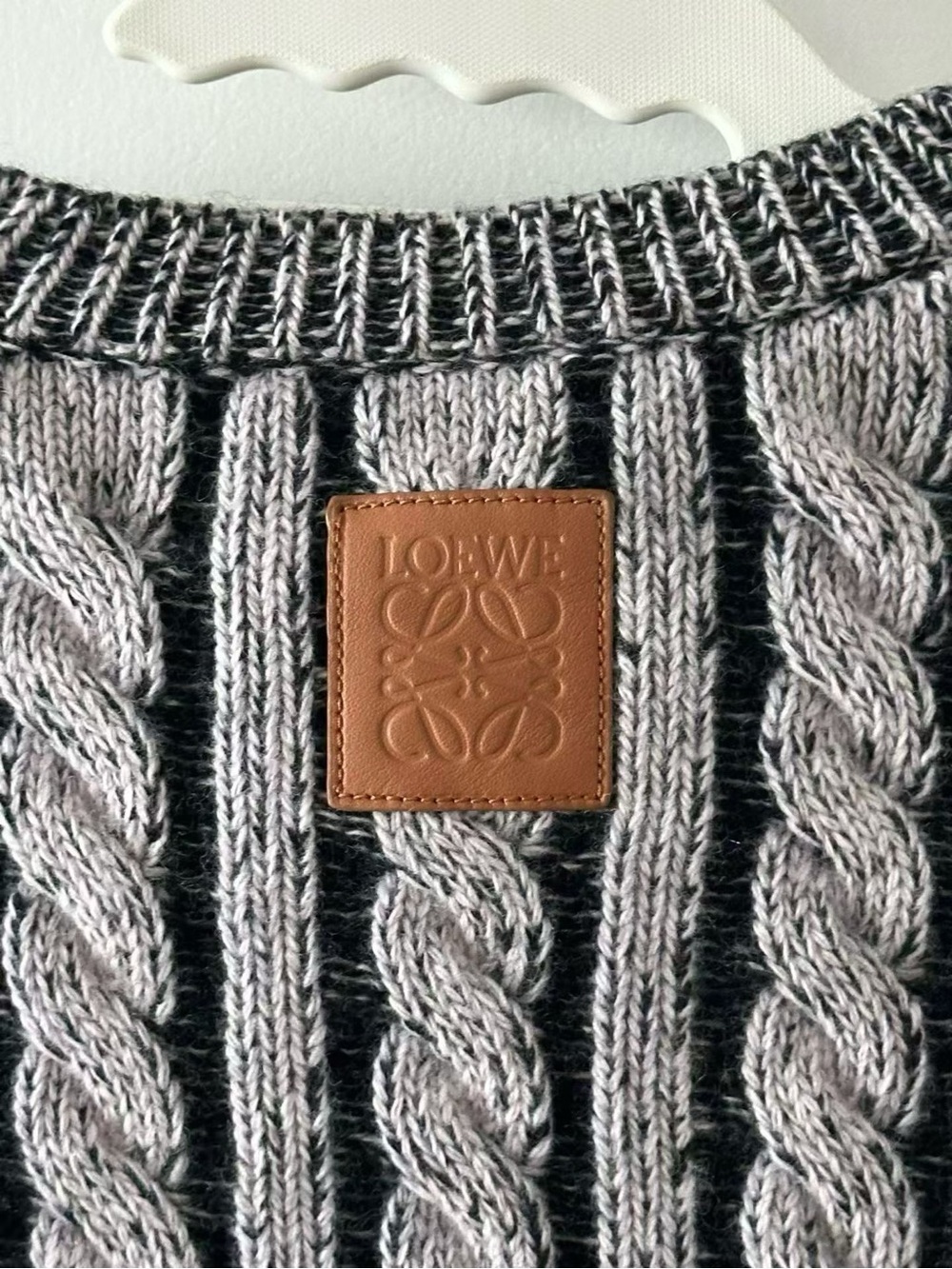 Loewe Gray and Black Cable Knit Sweater with Leather Logo Patch - Picture 3 of 4